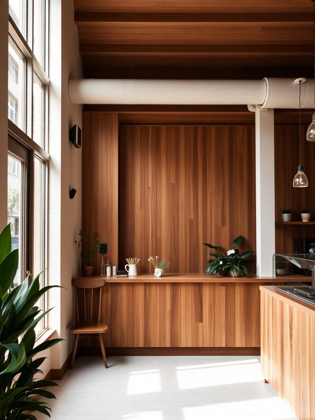Interior of a warm, timber-lined Australian cafe with natural light